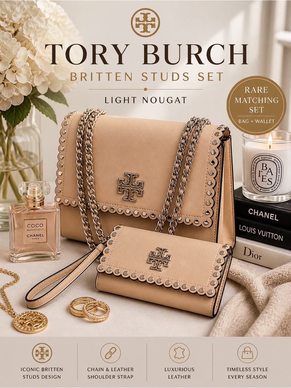 Tory Burch Britten Studs Set Light Nougat Bag + Wallet RARE Matching‎ Set